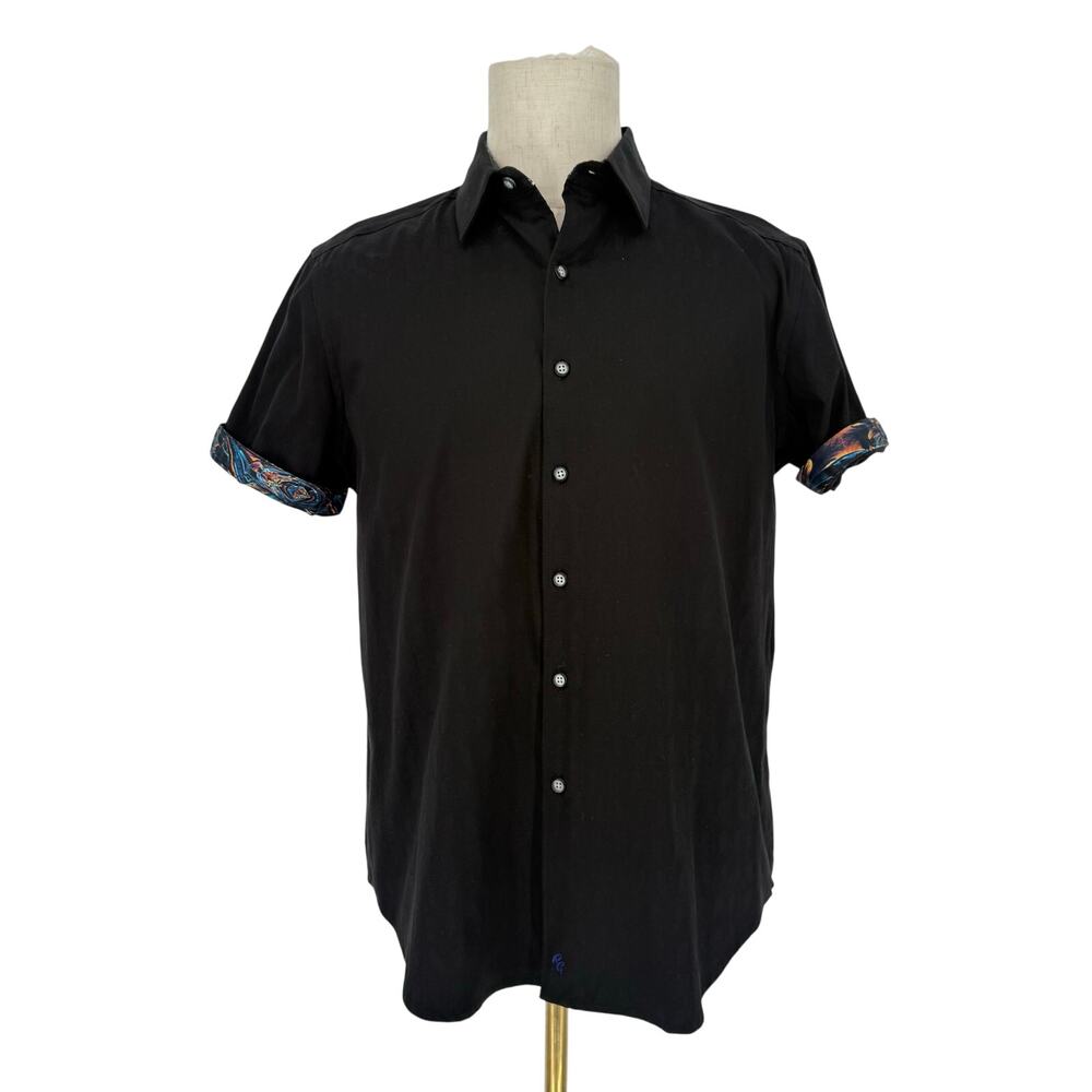 Robert Graham Button Front Short Sleeve Shirt ATLAS Black Jacquard Geometric M